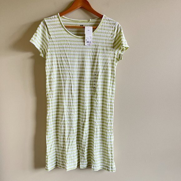 NEW Uniqlo Linen Striped Shift Dress Green Short Sleeve Womens Size‎ M Cr… - Picture 1 of 5